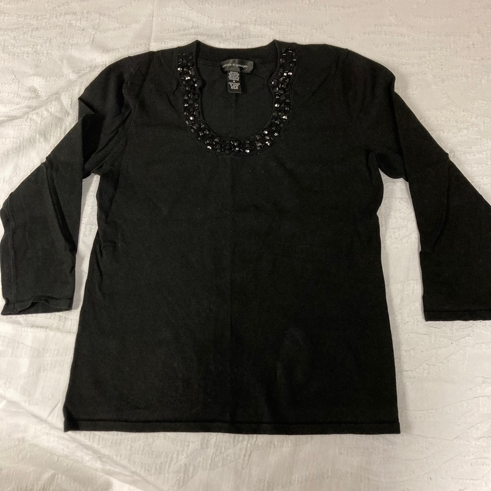 Cable & Gage black embellished knit top.